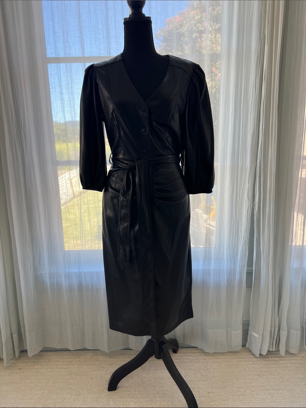 House of Harlow 1960 Black Faux Leather Midi Wrap Dress - Picture 1 of 1